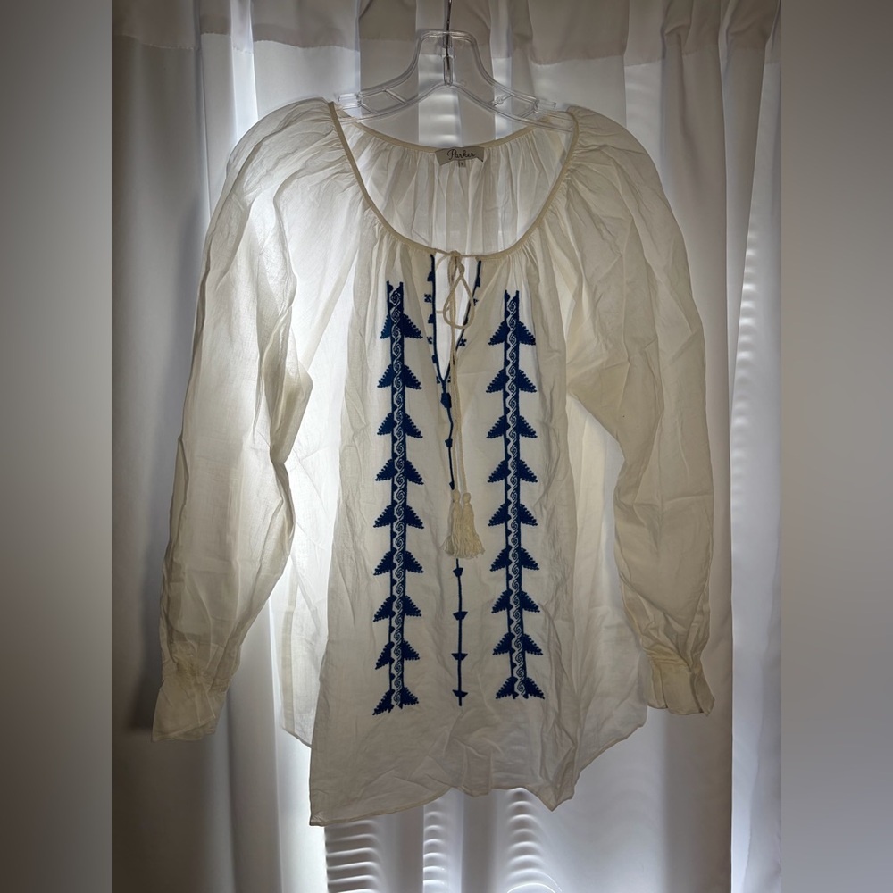 PARKER White Cotton Blouse w/Blue Embroidery & Tie At the Neck Sz L
